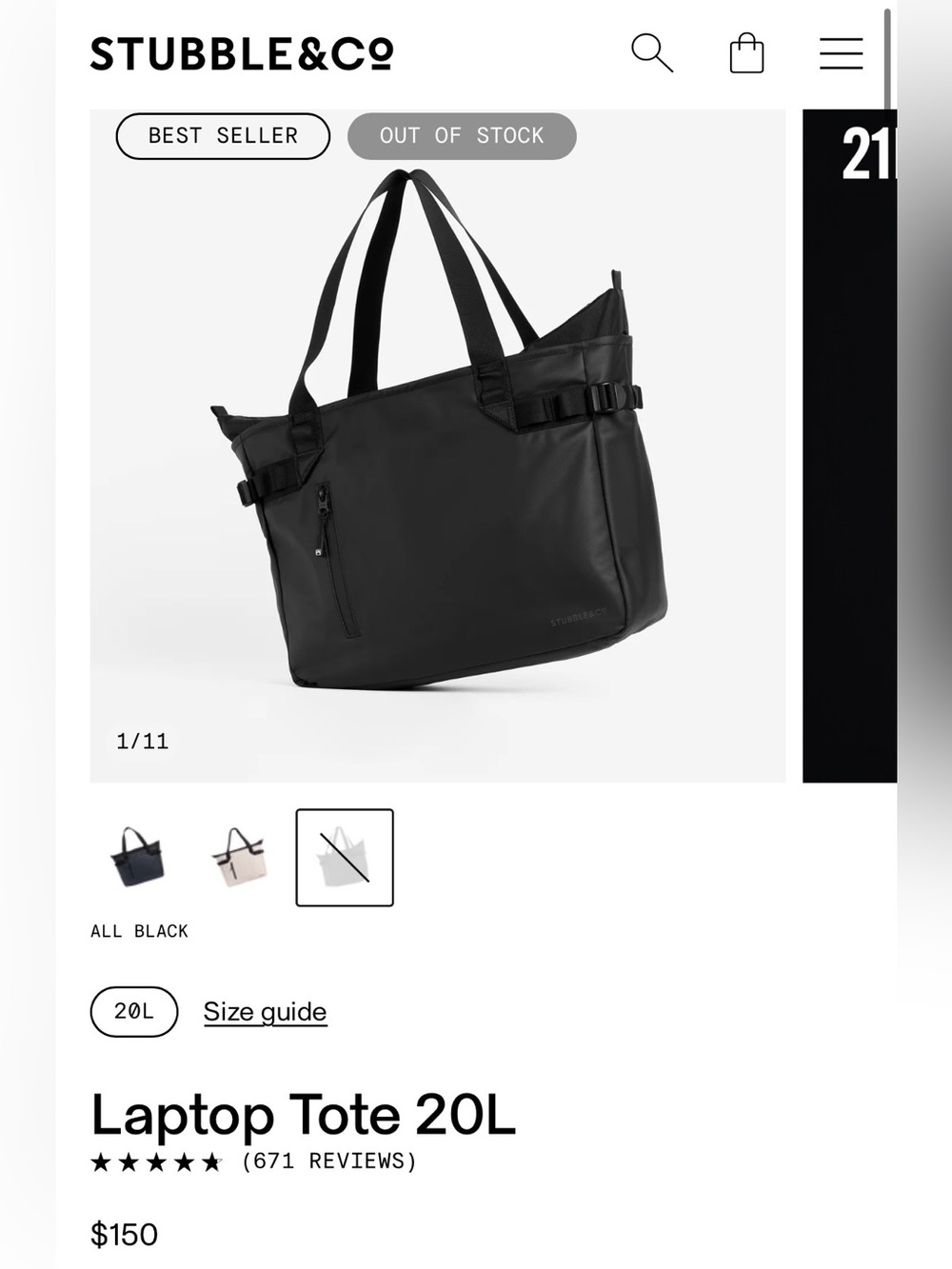 Stubble & Co Laptop Tote 20L in Black, Waterproof